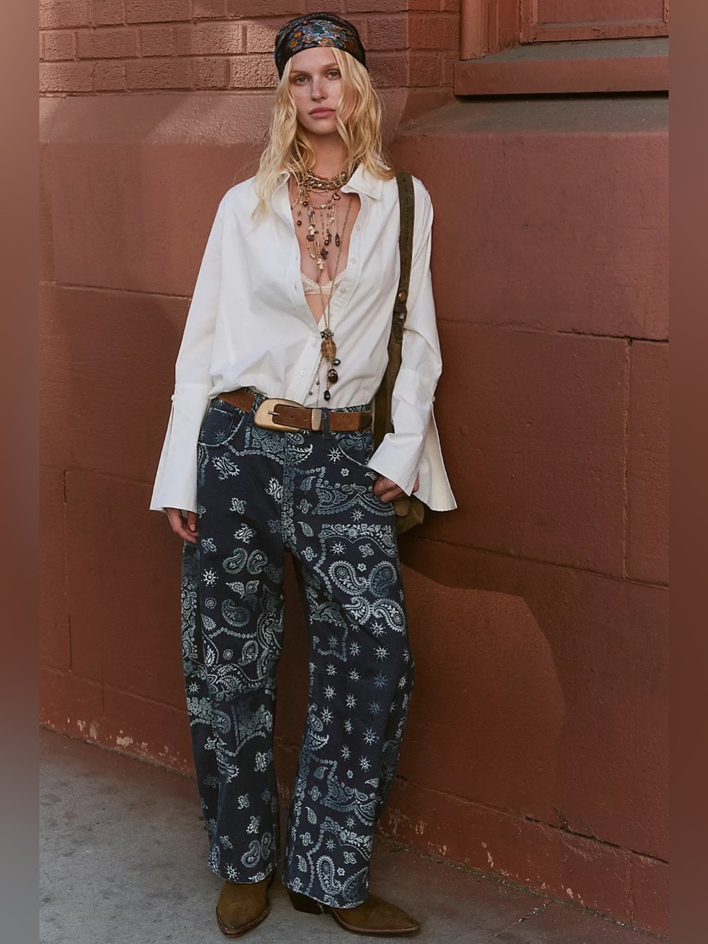 NWT FREE PEOPLE WE THE FREE Good Luck Printed Barrel Jeans | Navy Bandana $128